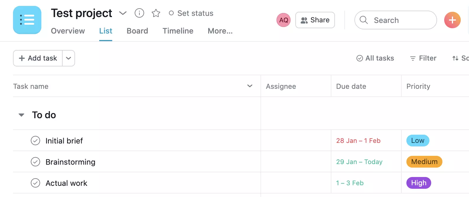 Παράδειγμα έργου Asana
