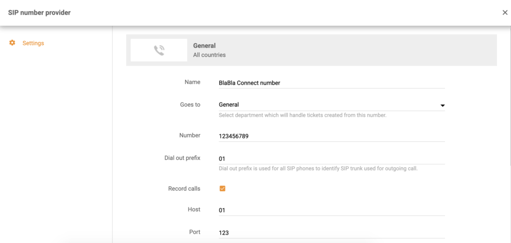 BlaBla Connect integration setup in LiveAgent call configuration