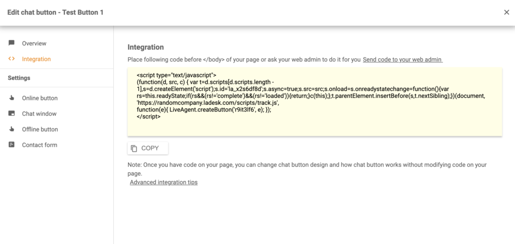 Κώδικας κουμπιού συνομιλίας που δημιουργήθηκε στο LiveAgent