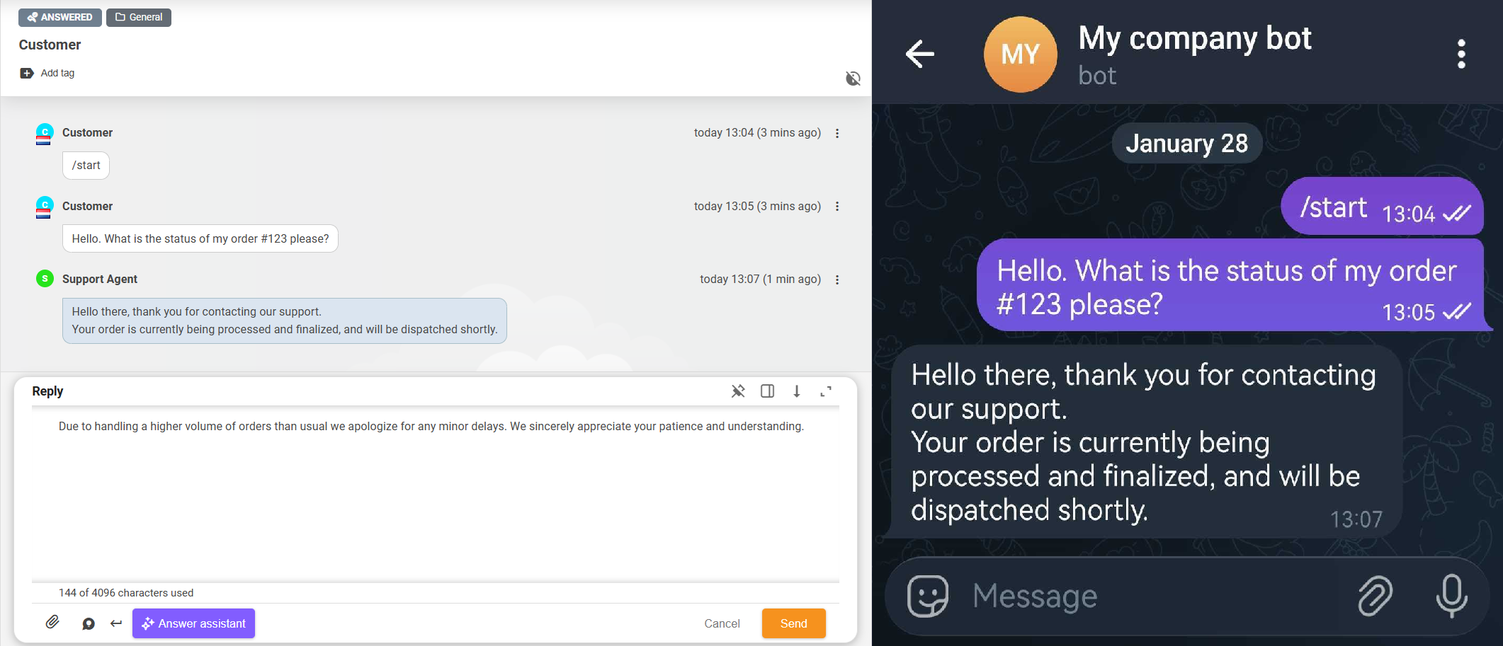 company Telegram bot interface