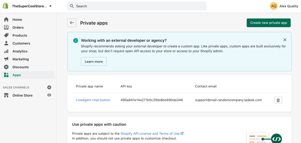 Δημιουργία νέας ιδιωτικής εφαρμογής στο Shopify για δημιουργία ενσωμάτωσης με LiveAgent
