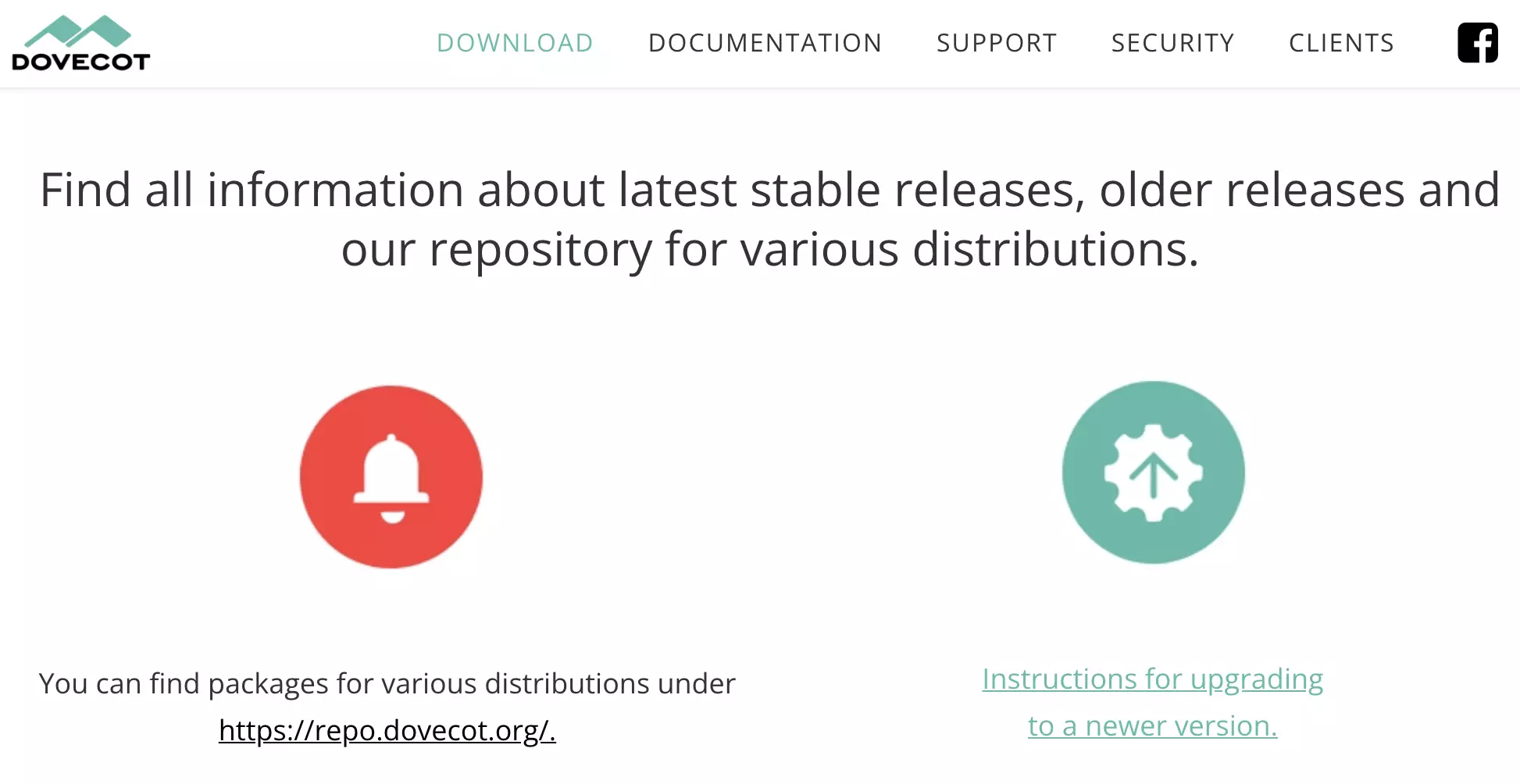 Ιστοσελίδα Dovecot με διαθέσιμες λήψεις της τελευταίας έκδοσης