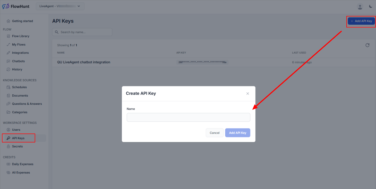 Δημιουργία κλειδιού API για την ενοποίηση του χώρου εργασίας FlowHunt με το LiveAgent
