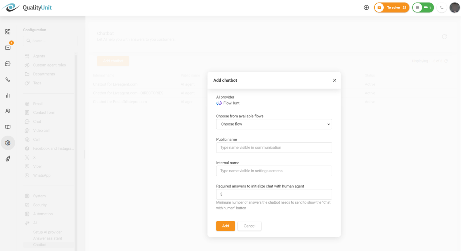 Διαμόρφωση του ελάχιστου αριθμού απαιτούμενων απαντήσεων πριν ενεργοποιηθεί η επιλογή συνομιλίας με ανθρώπινο