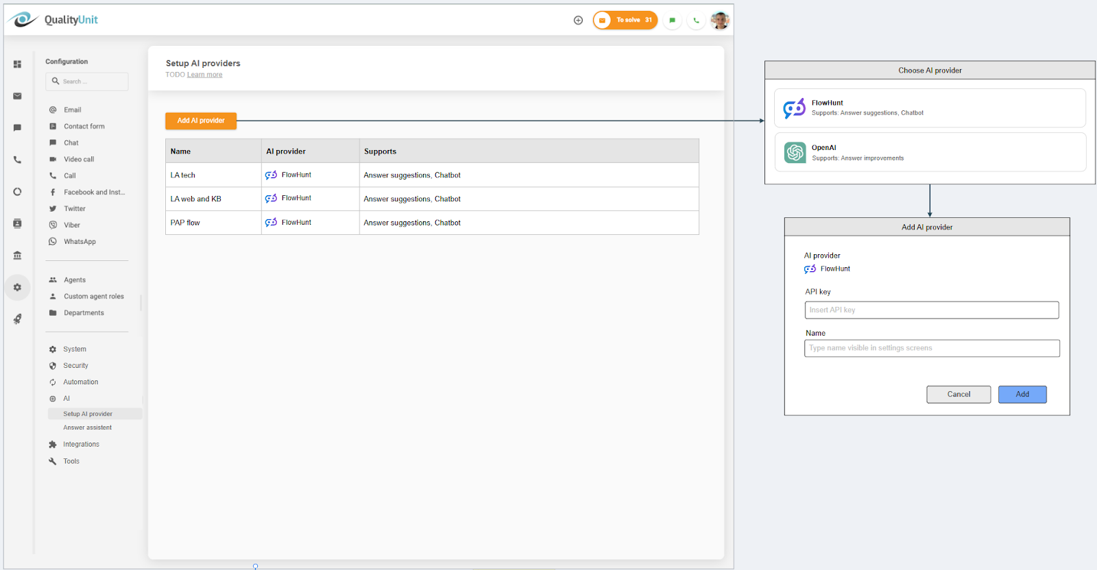 Σύνδεση του παρόχου τεχνητής νοημοσύνης LiveAgent