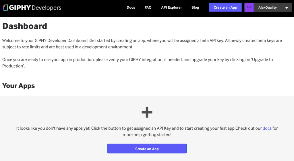 Πίνακας ελέγχου Giphy με επιλογή δημιουργίας εφαρμογής για δημιουργία κλειδιού API