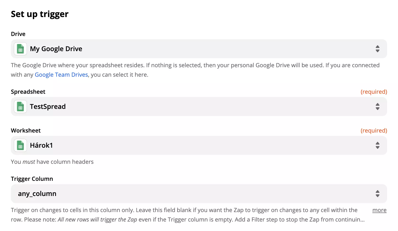 Επιλογές και πεδία ρύθμισης ενεργοποιητή Google Sheets