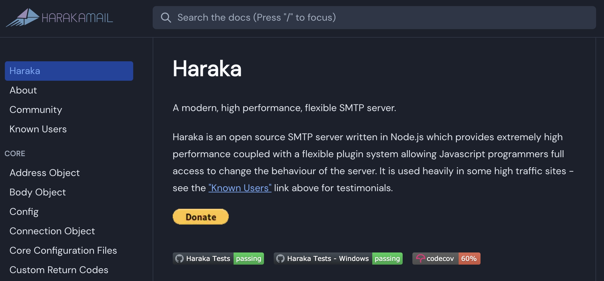 Haraka homepage with various sections and descriptions