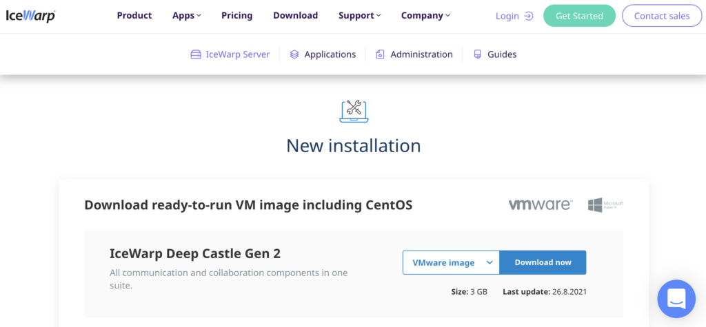 Ιστότοπος IceWarp με ενότητα εγκατάστασης και συνδέσμους λήψης