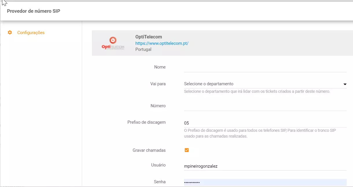 Configure OptiTelecom phone number