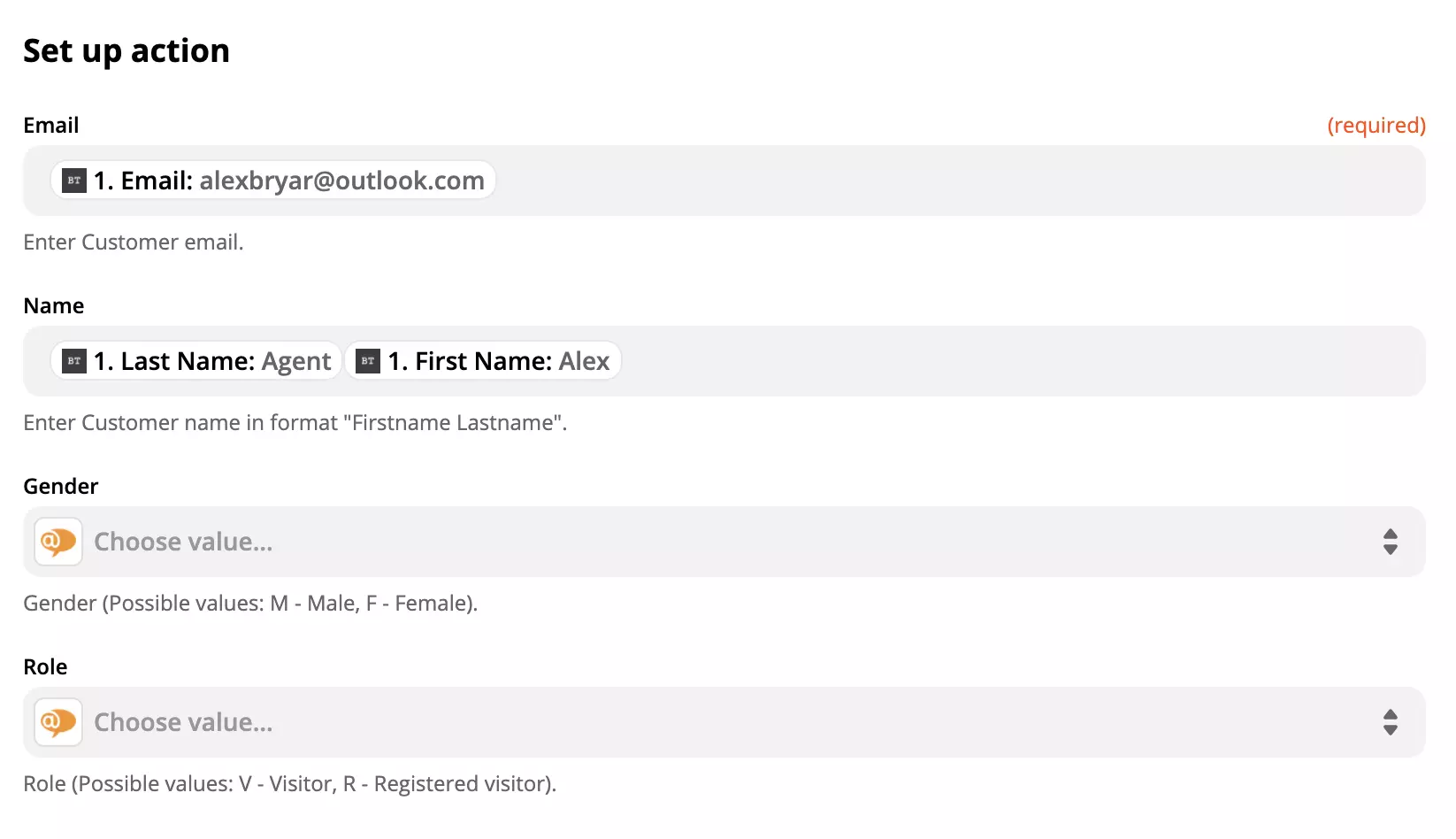 Διαμόρφωση action LiveAgent με δεδομένα στα πεδία μέσω Zapier