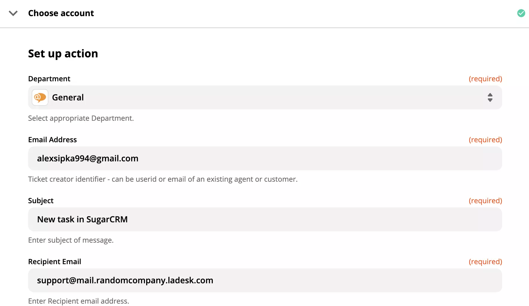 LiveAgent action setup with required fields