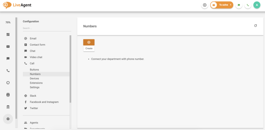 Οθόνη αριθμού κλήσης LiveAgent με την επιλογή δημιουργίας νέου αριθμού