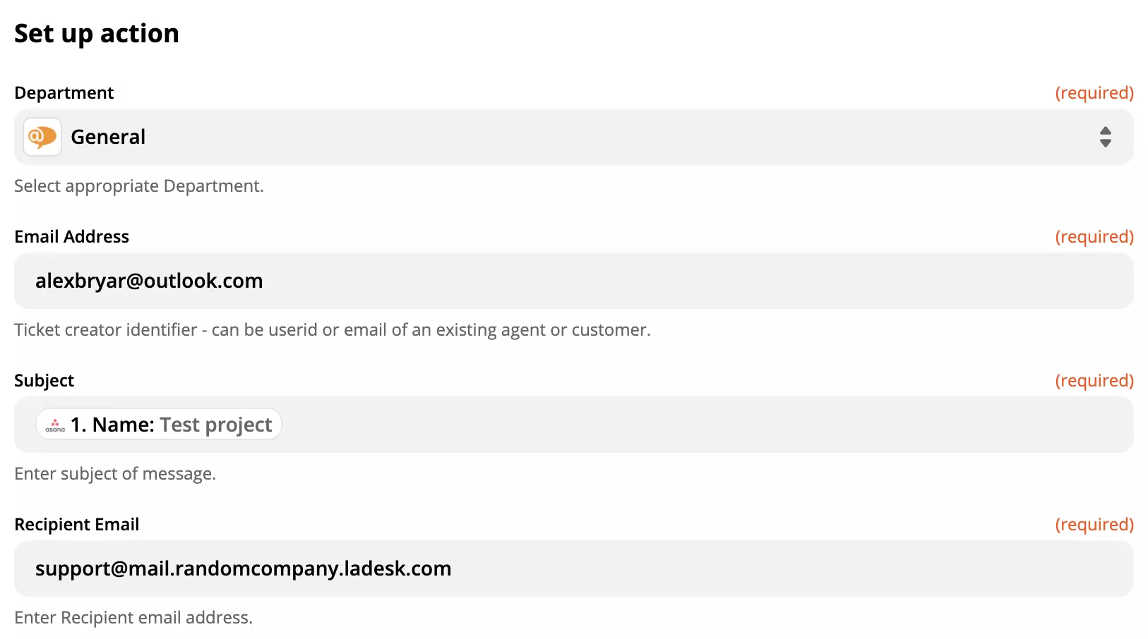 Ρύθμιση ενέργειας LiveAgent στην ενοποίηση Asana στο Zapier