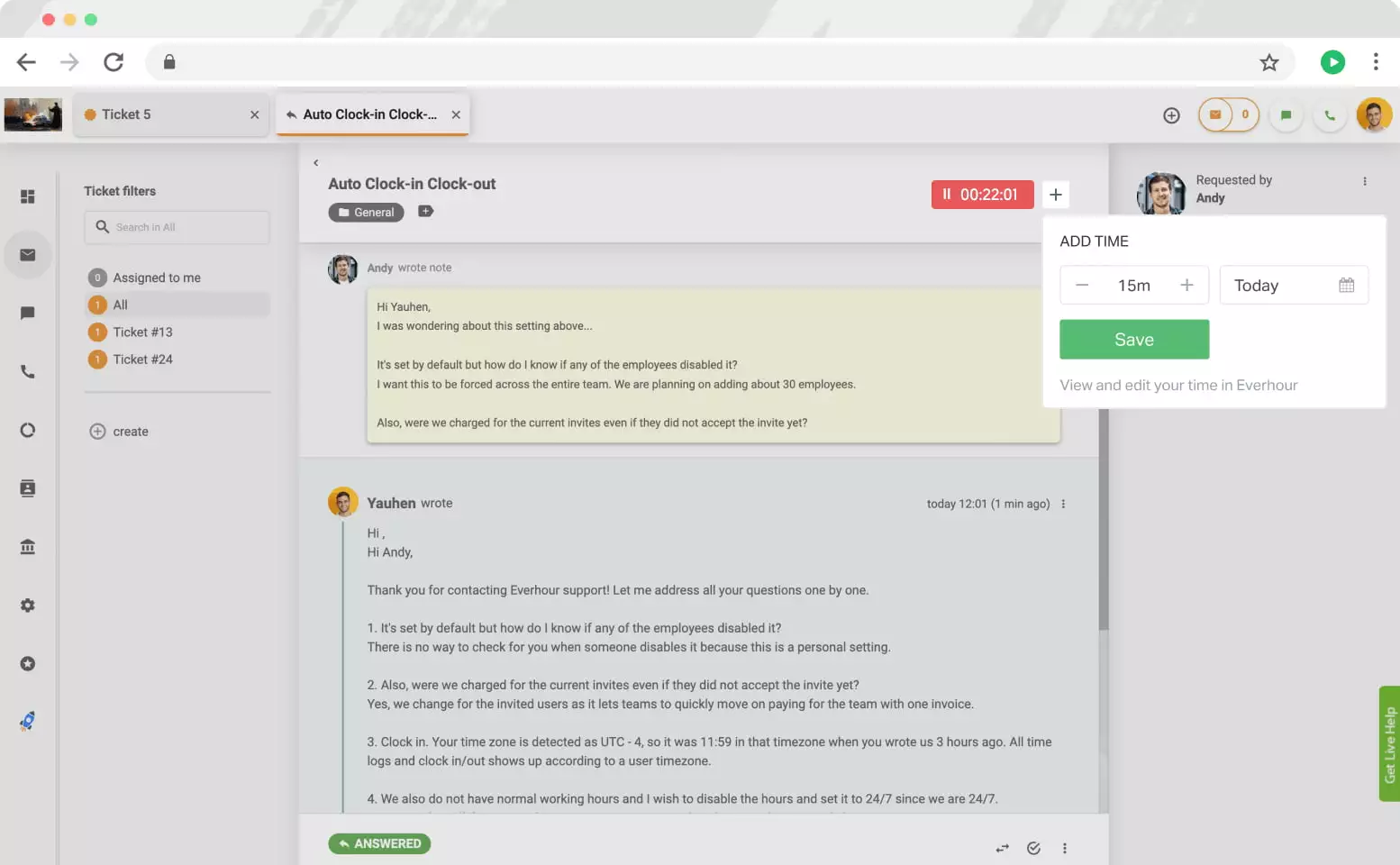 Στοιχεία ελέγχου Everhour στο LiveAgent