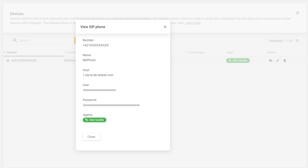 Λεπτομέρειες ενός νέου SIP τηλεφώνου στη ρύθμιση του LiveAgent