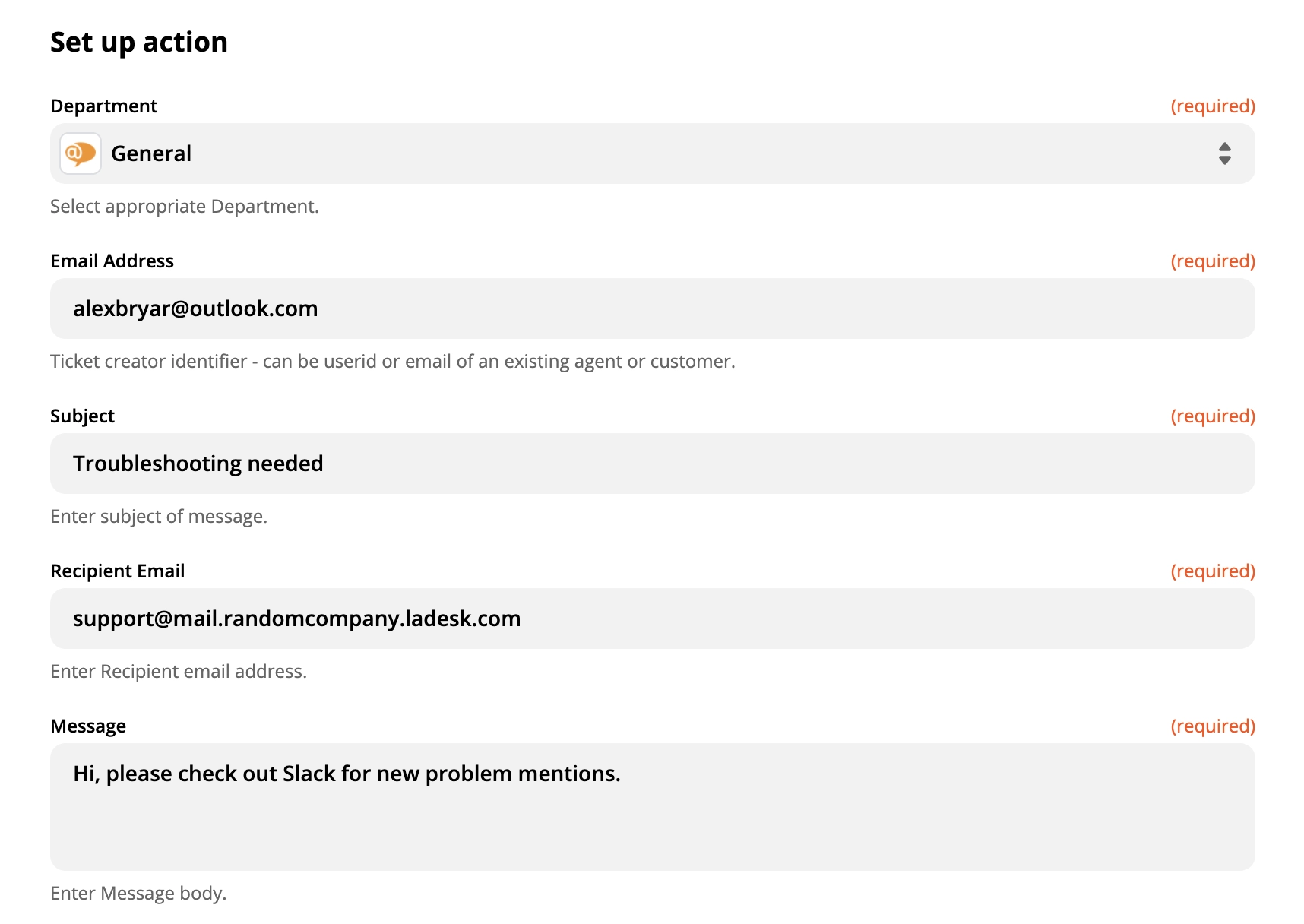 Showcase of a LiveAgent action setup on Zapier