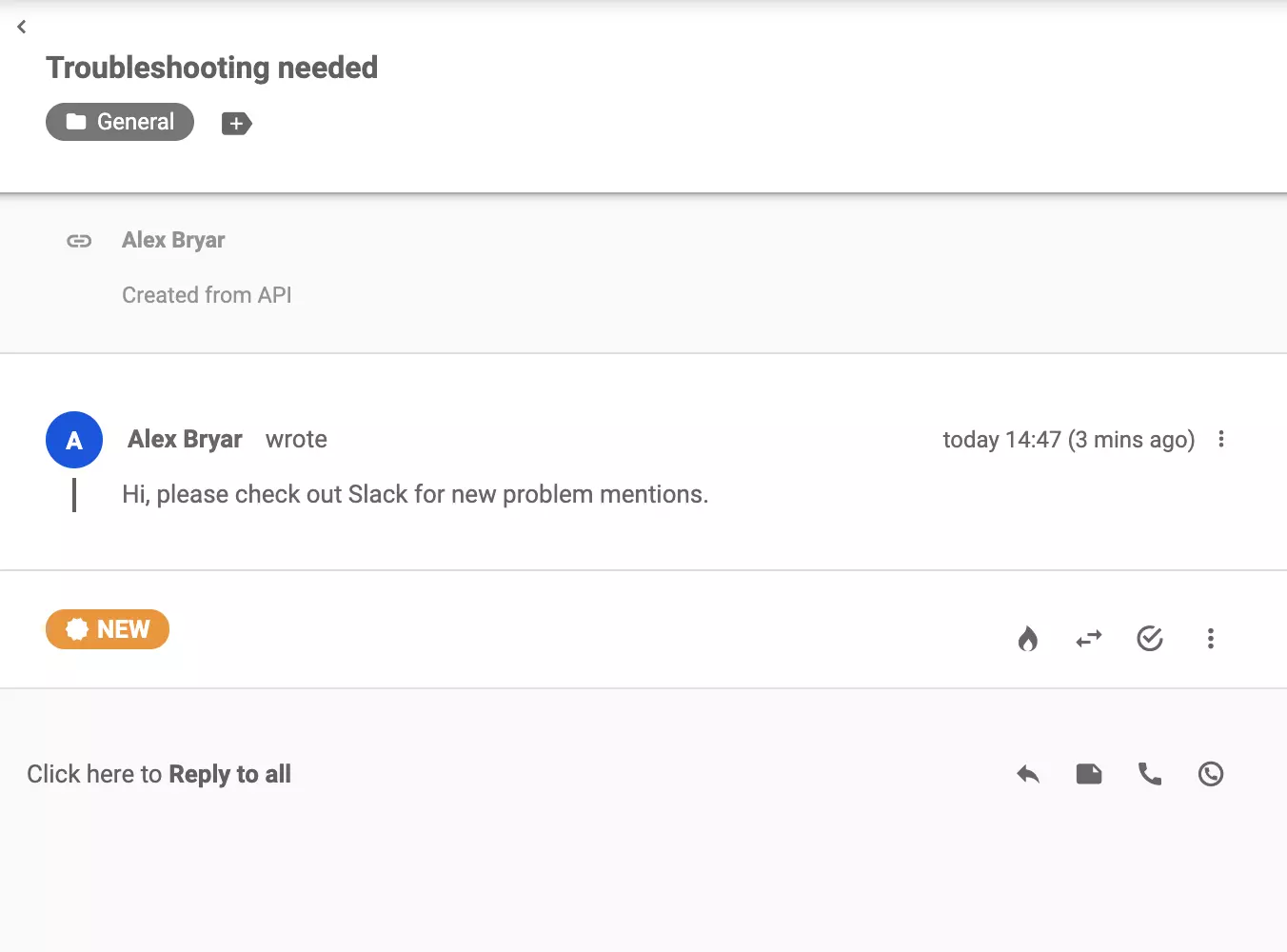 A ticket sent to LiveAgent after a keyword appeared in Slack