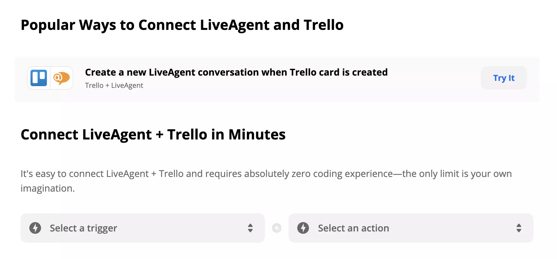 Ενοποίηση LiveAgent και Trello στο Zapier με επιλογή Trigger και Action