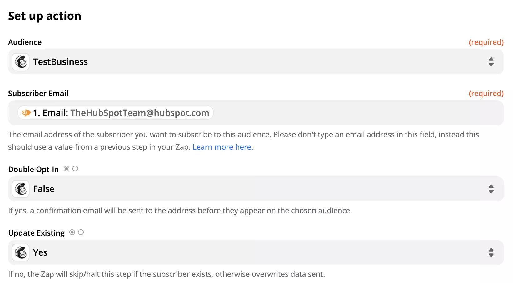 Ρύθμιση ενέργειας Mailchimp