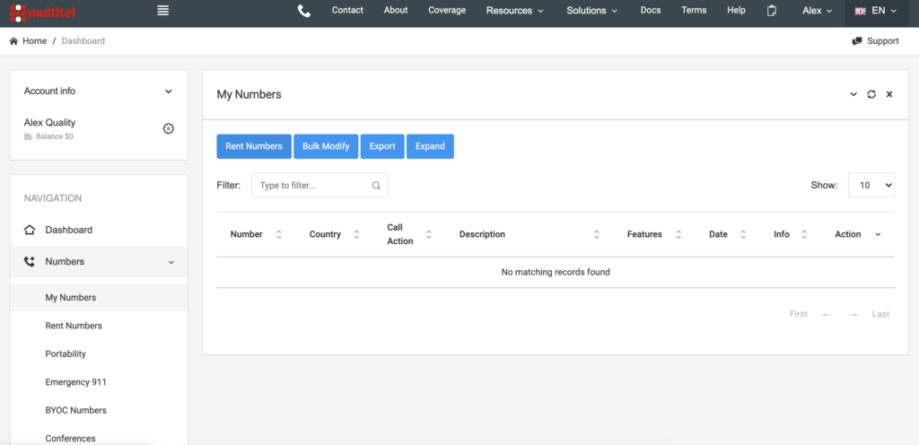Πίνακας ελέγχου MultiTEL με επιλογές αριθμών