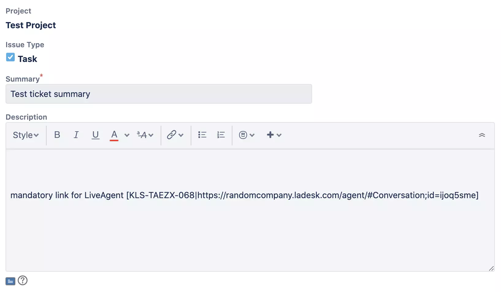 Ένα νέο παράθυρο Jira με δημιουργία και περιγραφή του νέου προβλήματος