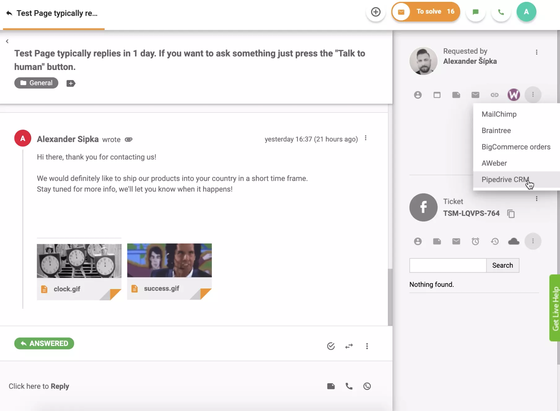 Το PipeDrive CRM είναι ενεργό στην προβολή εισιτηρίου του LiveAgent