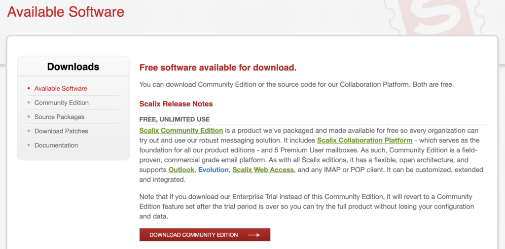 Ιστότοπος Scalix με διαθέσιμες λήψεις και πληροφορίες έκδοσης