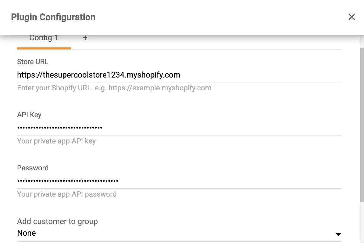 Αντιγραφή και επικόλληση του κλειδιού API και του κωδικού πρόσβασης στη ρύθμιση προσθέτου Shopify στο LiveAgent