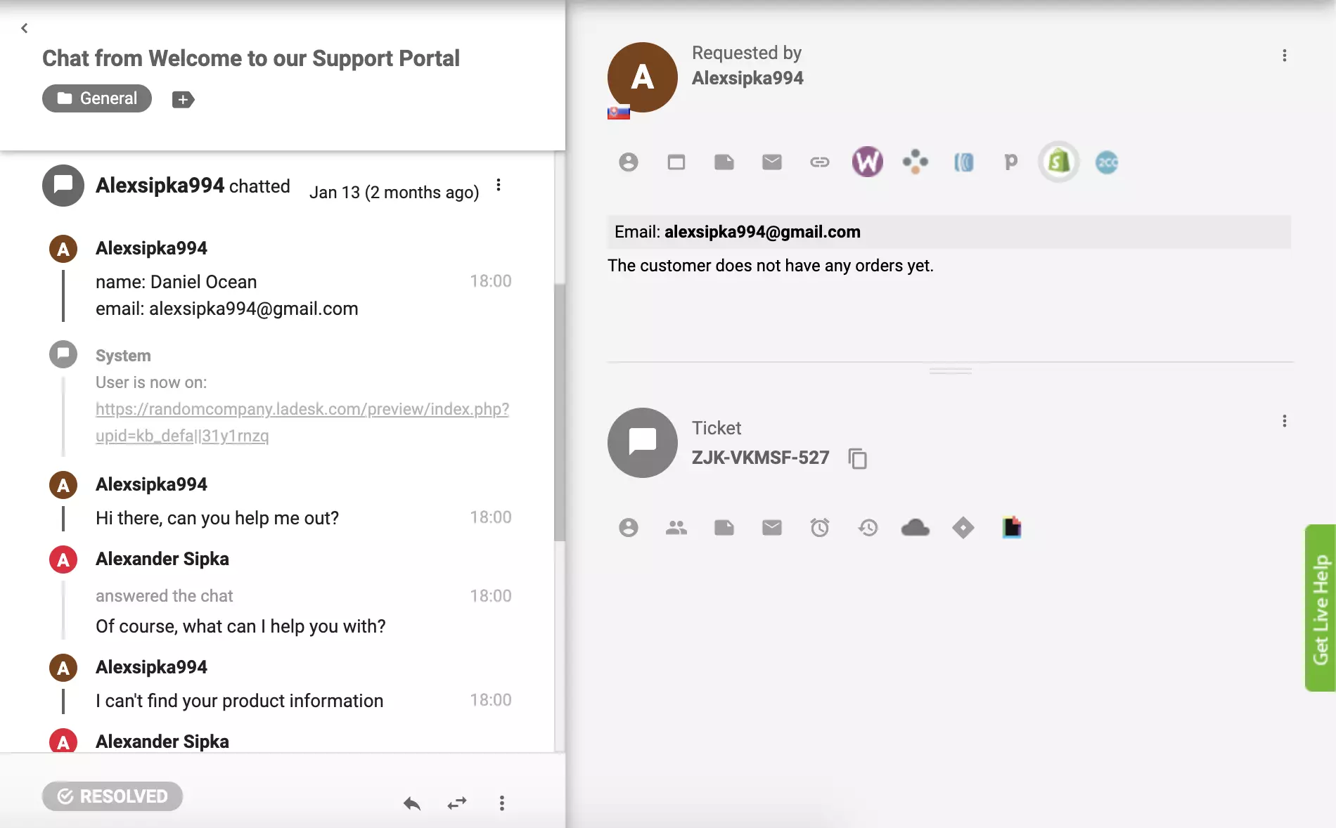 Το πρόσθετο Shopify είναι ενεργό στο LiveAgent και οι παραγγελίες πελατών μπορούν να είναι ορατές από την προβολή εισιτηρίου
