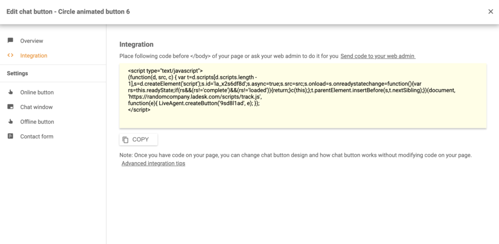 Κώδικας ενσωμάτωσης κουμπιού συνομιλίας Silverstripe στο LiveAgent