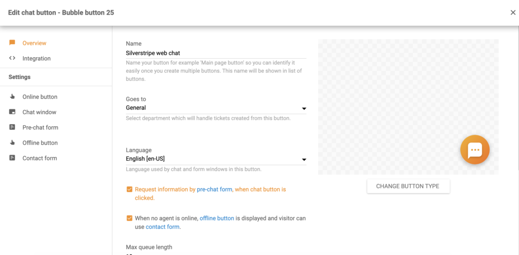 Διαμόρφωση κουμπιού συνομιλίας Silverstripe στο LiveAgent