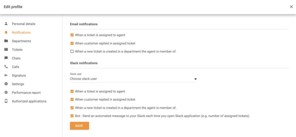 The options of Slack notifications in Edit profile section
