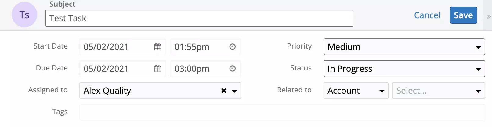 Νέα εργασία που δημιουργήθηκε στο SugarCRM