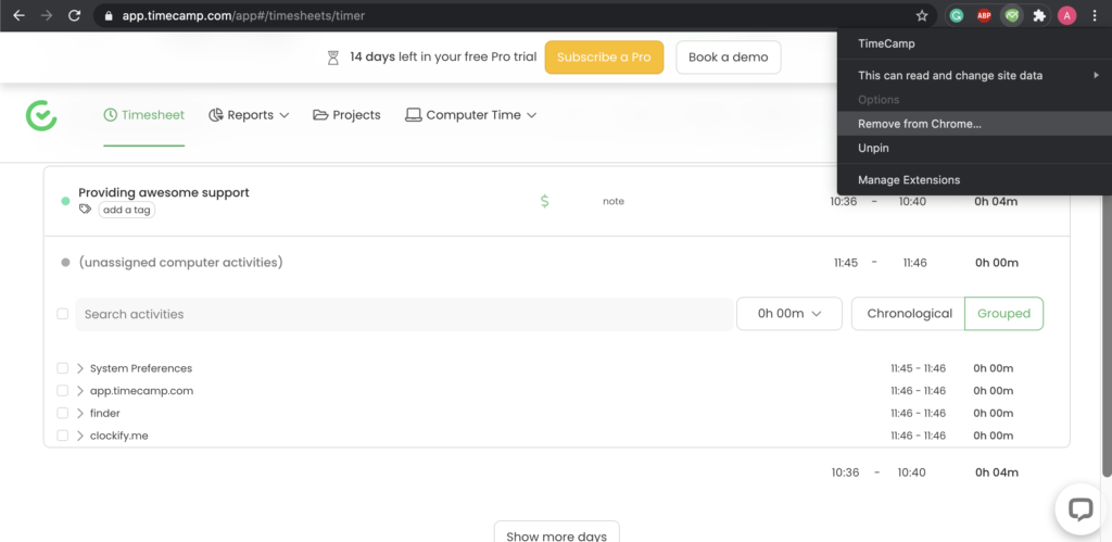 Επιλογές προσθέτου Timecamp στο Google Chrome