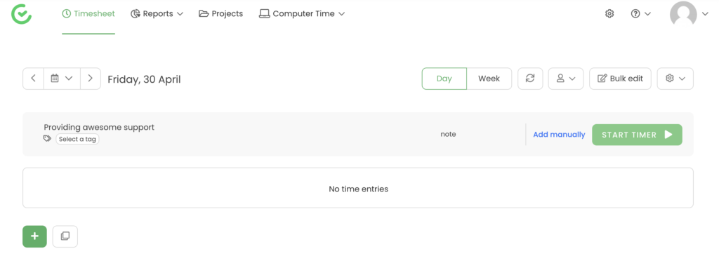 Επιλογή έργου TimeCamp με χρονόμετρο έναρξης