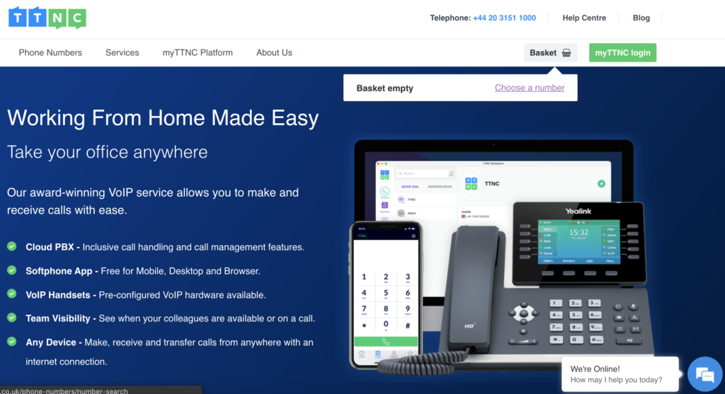Ιστότοπος TTNC με επιλογή καλαθιού και επιλογής αριθμού στο πάνω δεξιά