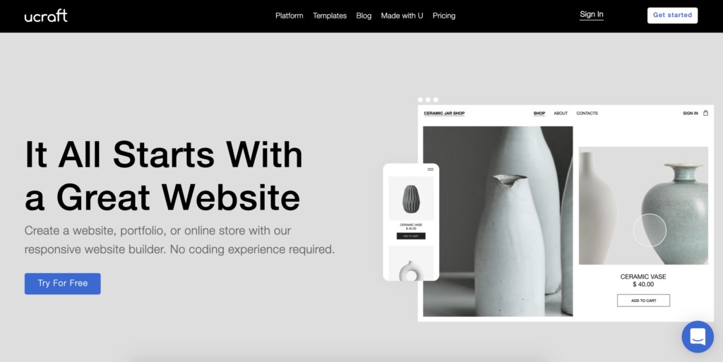 Αρχική σελίδα Ucraft με κουμπί Get Started στην επάνω δεξιά γωνία