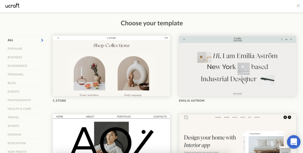Οθόνη επιλογής προτύπου Ucraft με πολλές επιλογές προτύπων