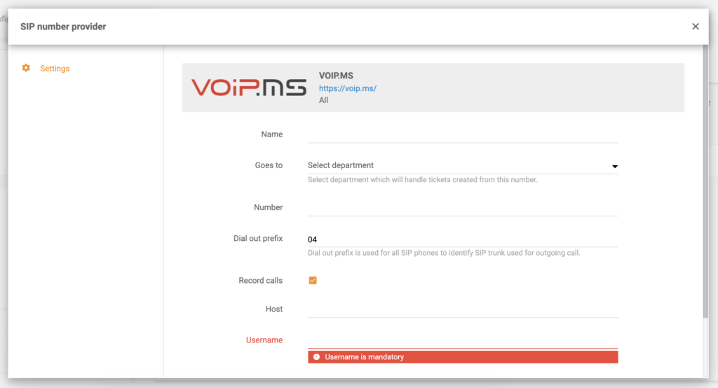 VoIP.ms configuration in LiveAgent call settings