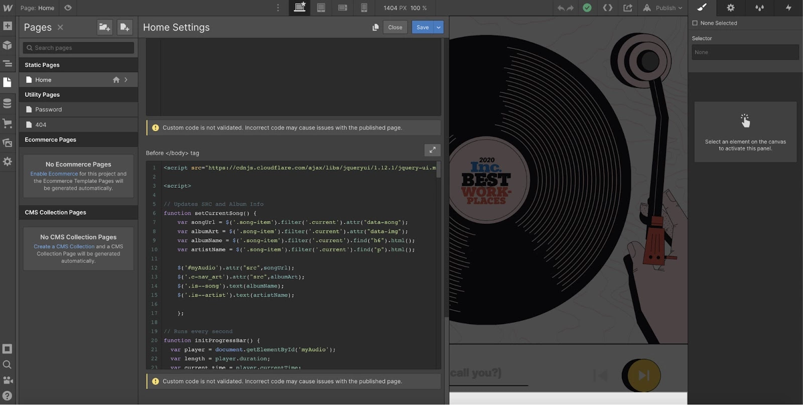 Επιλογή προσαρμοσμένου κώδικα Webflow στη διαδικασία ενσωμάτωσης LiveAgent