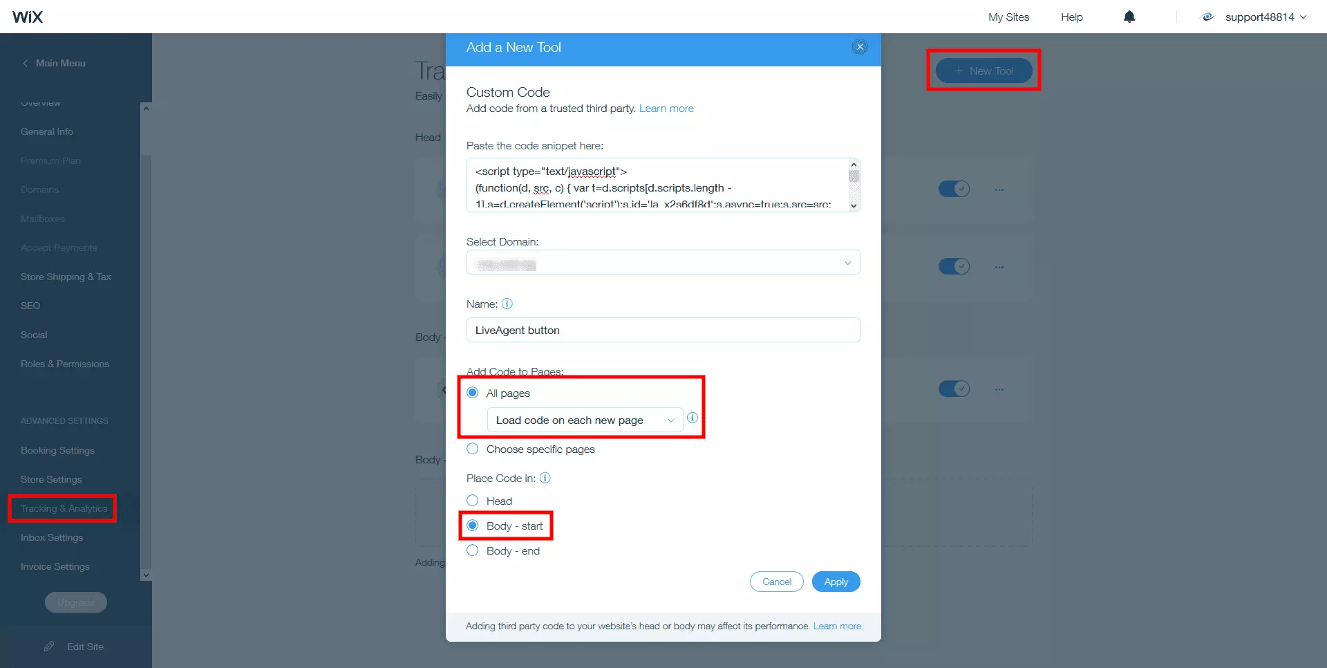Τοποθετήστε τον κώδικα ζωντανής συνομιλίας LiveAgent στο σώμα του ιστότοπου Wix
