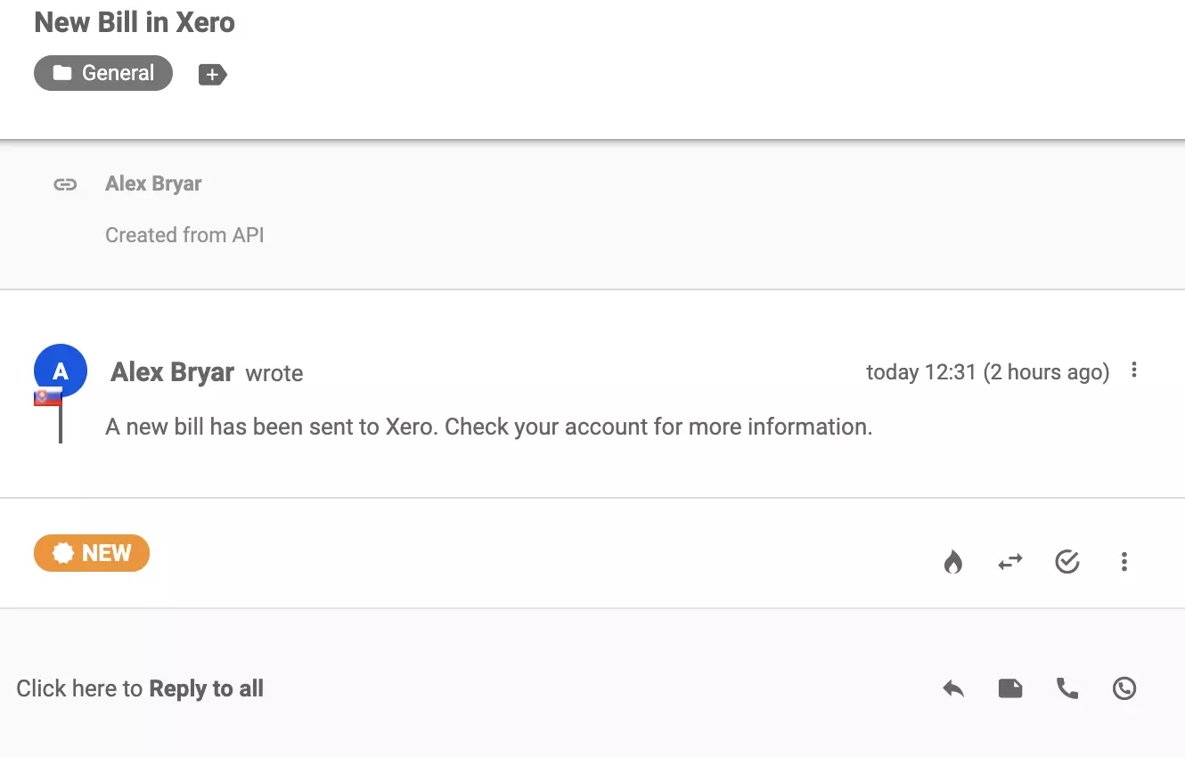 Μια νέα συνομιλία που αποστέλλεται στο σύστημα ticketing του LiveAgent μετά από επιτυχημένη ενσωμάτωση με το Xero
