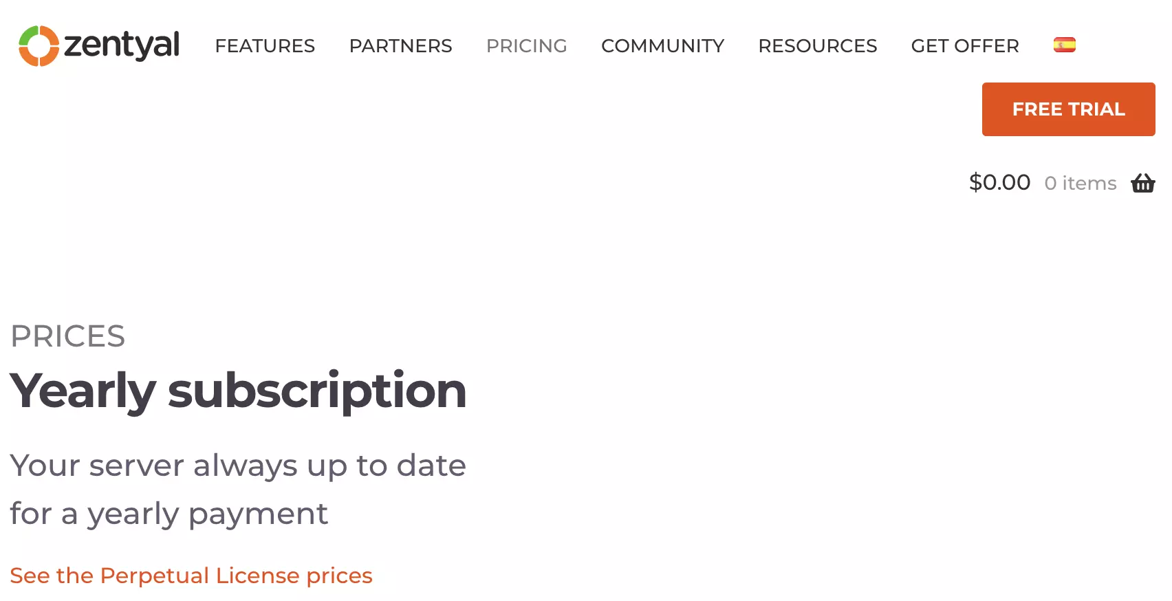 Ενότητα πληρωμένων σχεδίων Zentyal στον ιστότοπο Zentyal