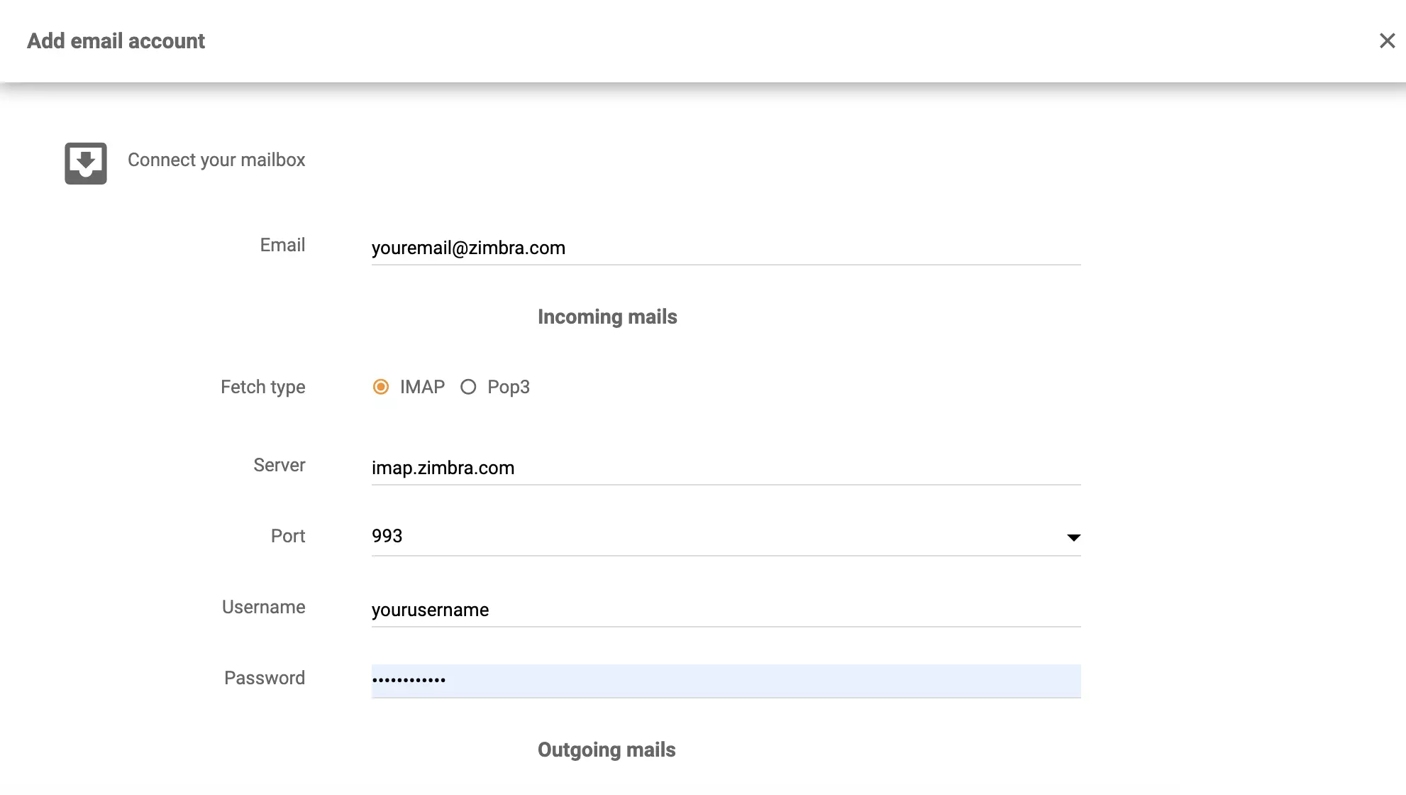 Ρύθμιση Zimbra IMAP/POP3