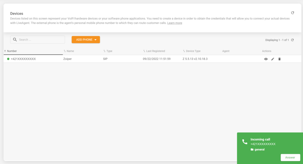 Μια εικόνα που δείχνει μια εισερχόμενη κλήση σε ένα με επιτυχία ενσωματωμένο softphone Zoiper με το λογισμικό help desk LiveAgent