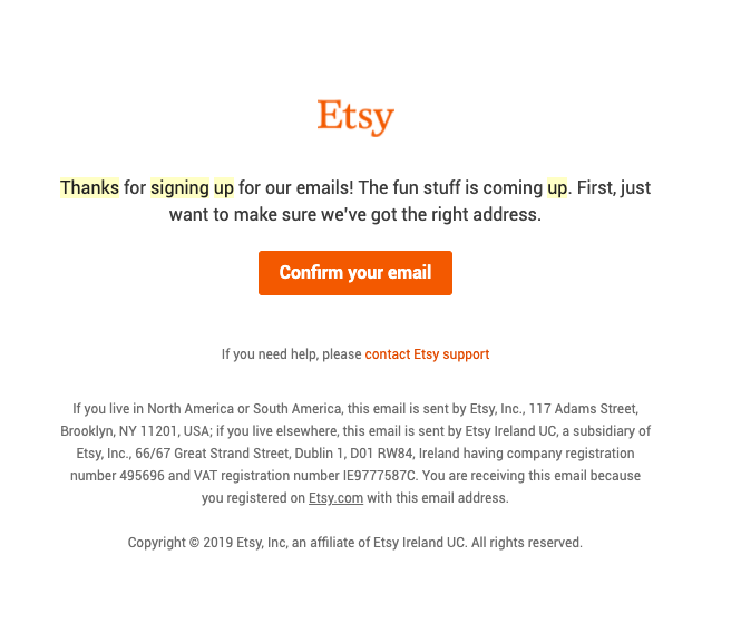 Etsy customer acquisition email confirmation