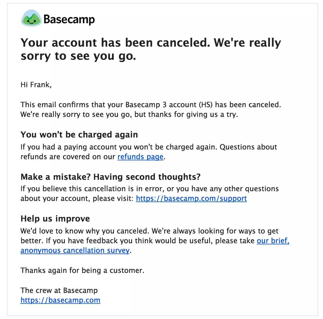 Basecamp account cancellation email example