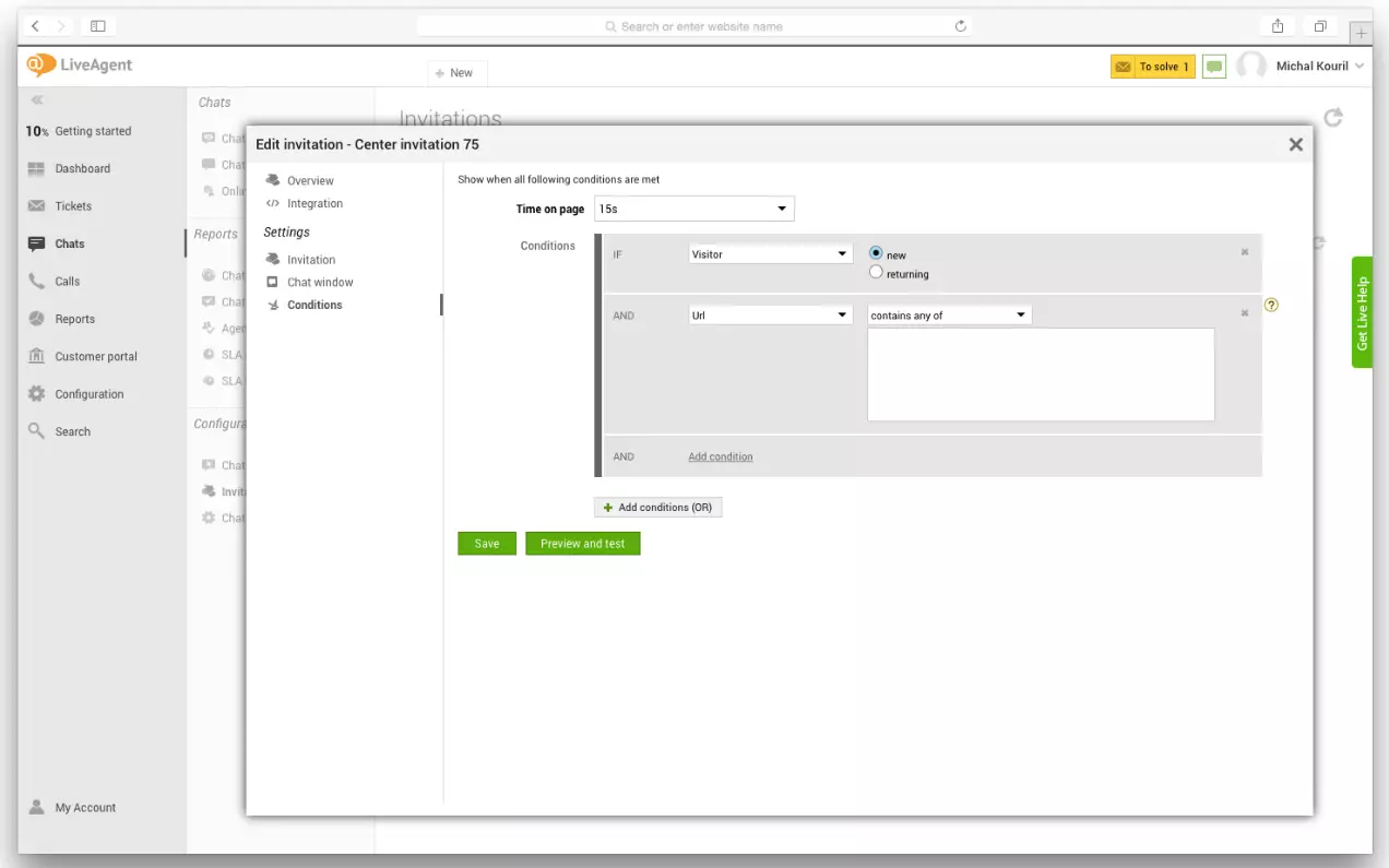 Ρυθμίσεις LiveAgent που δείχνουν πώς να ρυθμίσετε προακτικές ενεργοποιήσεις chat