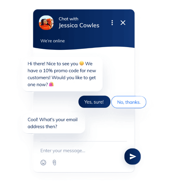 Διεπαφή live chat που προσφέρει κωδικό προώθησης και ζητά το email του χρήστη